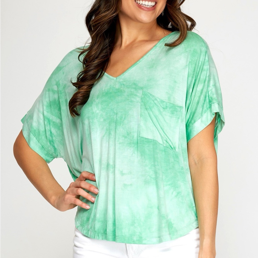 Folded Drop Shoulder V Neck Tie Dyed Top- Light Green